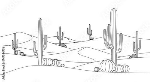 Vector outlined illustration of desert landscape with cactus plants and sand dunes in a flat style