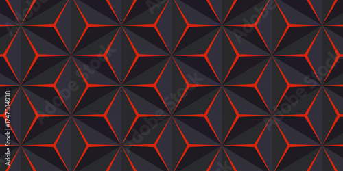 Seamless geometric pattern with red and black 3D diamond shapes creating a modern abstract background.