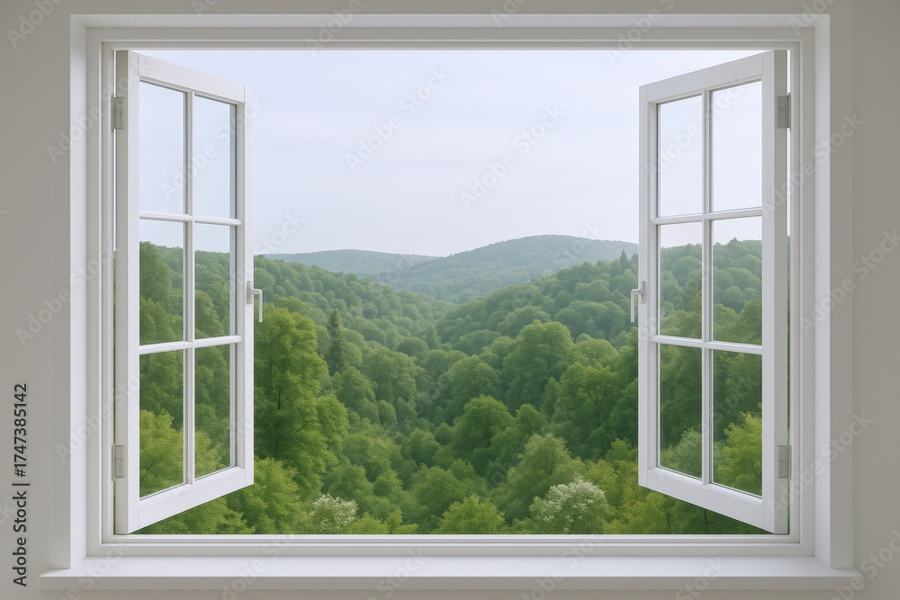 Fototapeta premium Open Window Overlooking Verdant Hills: Fresh Air and Natural Beauty in a Bright Interior