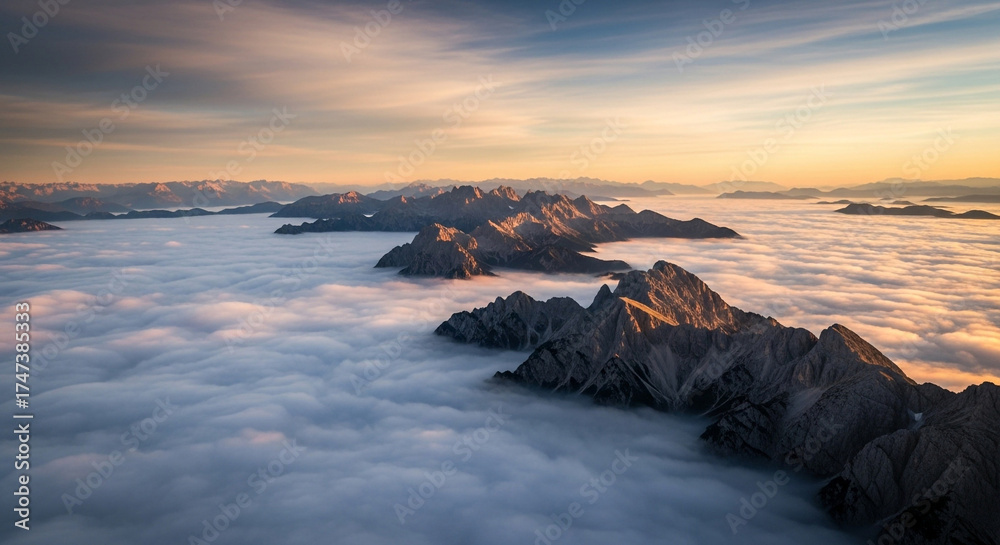 Obraz premium Majestic mountain peaks pierce through a sea of clouds at sunrise, creating a serene and breathtaking alpine landscape with golden light
