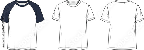 T‑shirt technical flat sketch, fashion CAD drawing, vector apparel template, raglan sleeve and crew neck design, front back view clothing illustration