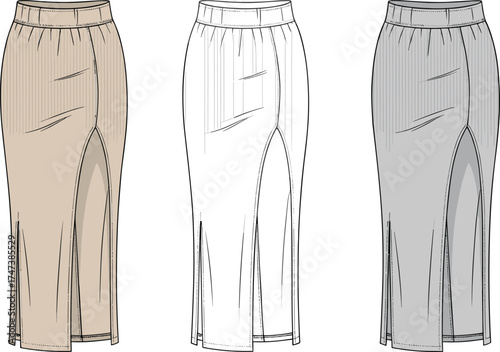 Pencil skirt technical flat sketch, fashion CAD drawing, vector apparel template, high waist design with front slit