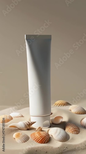 A white matte cosmetic lotion tube product on a sandy surface with seashells. skincare product