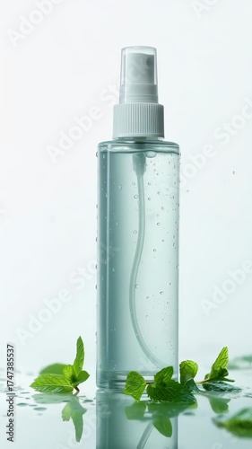 A transparent face mist spray bottle product with droplets and fresh mint leaves