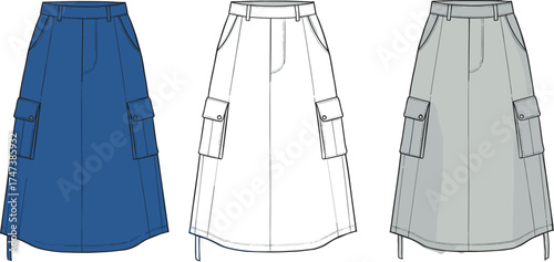 Skirt flat sketch, front pockets, side cargo pockets, high waist, drawstring hem, fashion vector, apparel design, technical flat