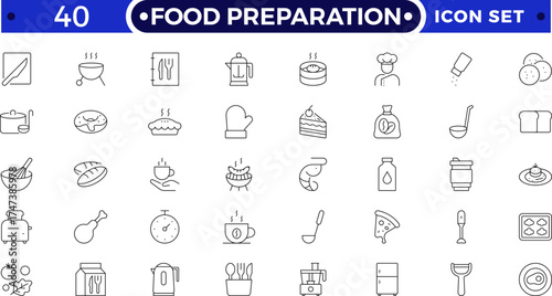 Food preparation outline icon set. Vector illustration containing kitchen utensils, cookware, cooking tools, cutlery, meal prep, chef equipment, dining elements, and culinary graphic symbols.