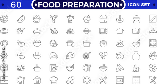 Food preparation outline icon set. Vector illustration containing kitchen utensils, cookware, cooking tools, cutlery, meal prep, chef equipment, dining elements, and culinary graphic symbols.