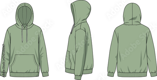 Green hoodie, sweatshirt front view, side view, back view, fashion flat sketch, apparel vector, casual wear, unisex clothing, cad drawing, flat vector illustration