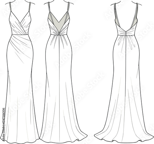 Elegant long dress, tie straps, deep V neckline, sweetheart bodice, low back, flowing skirt, pleated waist, cad drawing