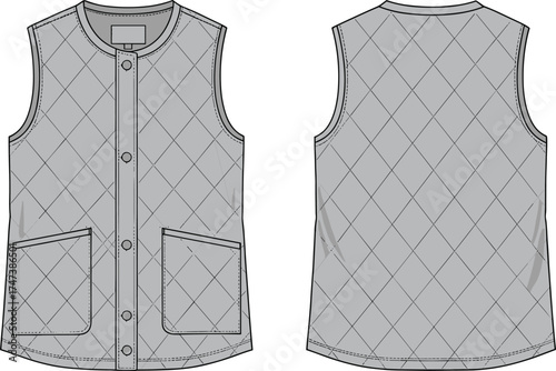 Quilted vest, diamond stitching, sleeveless jacket, round neckline, button placket, flap pockets, curved hem, fashion flat sketch, cad drawing, vector illustration