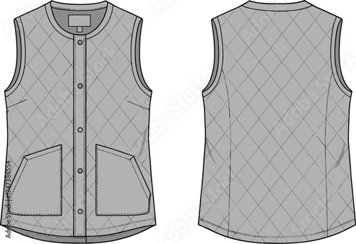 Quilted vest, sleeveless jacket, diamond stitching, round neckline, snap button closure, patch pockets, fashion flat sketch, cad drawing, apparel vector, technical illustration