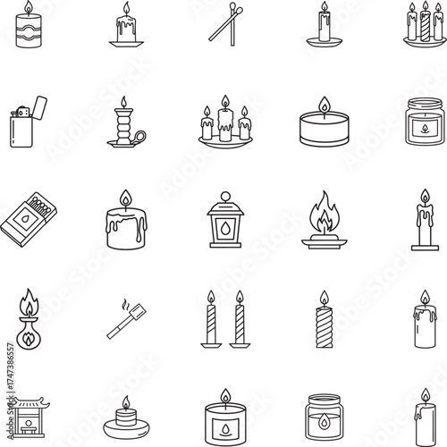 Decorative Candle and Ambient Light Line Art Icon Set