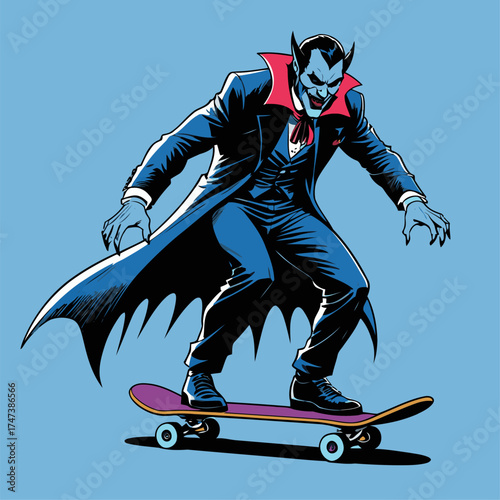 vector illustration of Dracula playing skateboard