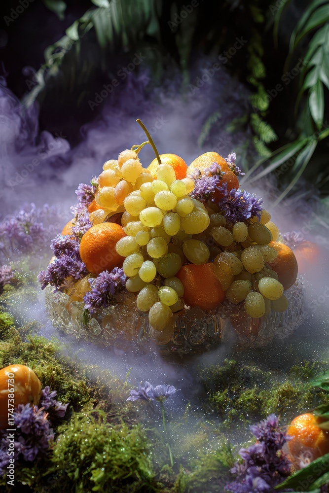 Fototapeta premium Mystical Forest Offering of Grapes and Citrus in Ethereal Purple Smoke.