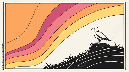Abstract Bird on a Hilltop with Sunset Stripes Illustration.