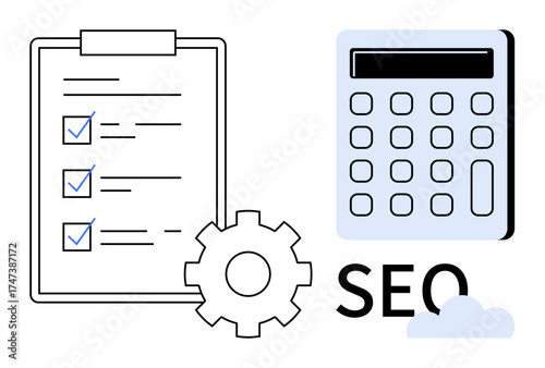 Checklist with checked boxes, calculation tool, gear, and SEO text. Ideal for digital marketing, search engine optimization, analysis, strategy, tools web development simple flat metaphor