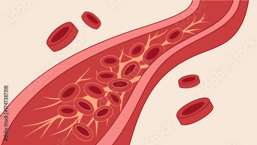 Blood vessel with red blood cells flowing inside medical illustration healthcare biology anatomy.
