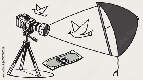 Camera on tripod capturing birds in flight with reflector and money illustration.