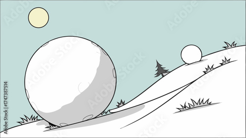 Cartoon illustration of two snowballs rolling down a hill one large and one small under a bright sun.