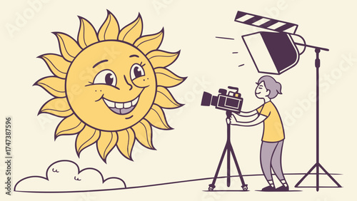 Cartoon Sun Filming Studio Production Illustration Happy Smiley Face Movie Set Camera Lighting Equipment.