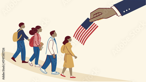 Citizenship Nationality Patriotism People Walking Receiving Flag Symbolic Illustration Flat Design Vector Graphic Diversity Inclusion Community Unity Hope Future Progress Opportuni.