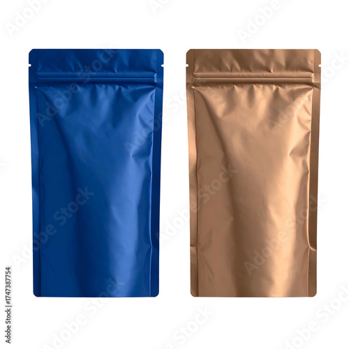 Two vertical stand-up pouches with zippers, one blue, one bronze, isolated on black