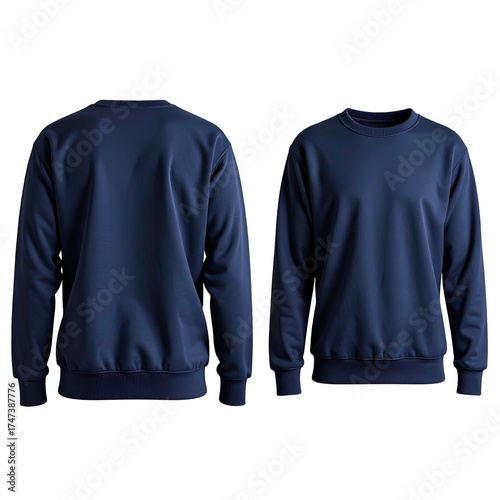 Two views of a navy blue sweatshirt, front and back, on a black background