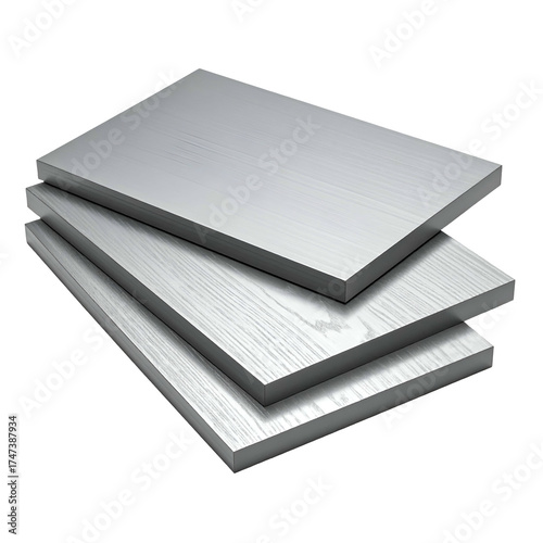 Stack of metallic rectangular plates with brushed texture, slightly angled for depth