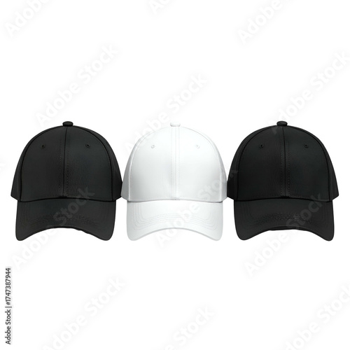 Three baseball-style caps, two black and one white, arranged horizontally on a black backdrop