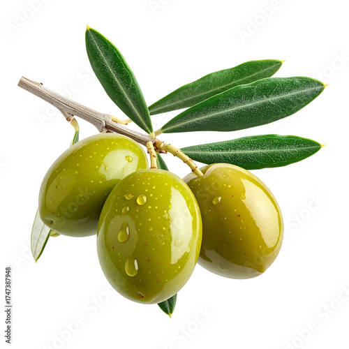Three glistening green olives with leaves, branch against black, showing detail
