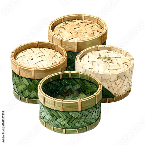 Four woven bamboo containers, two with lids, in a close-up, detailed, realistic shot