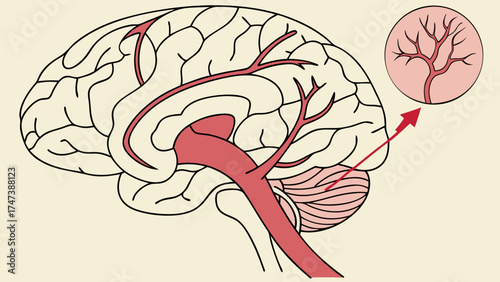 Diagram of human brain anatomy showing blood vessels and arteries detailed illustration of cerebrovascular system medical illustration for educational purposes.