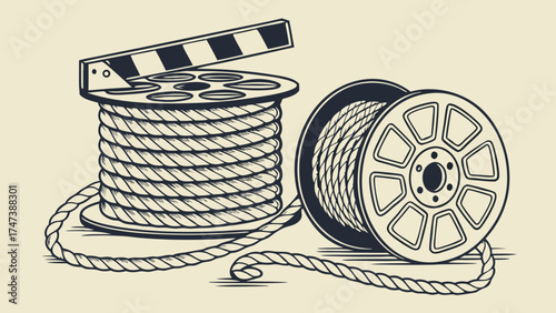 Film reel rope clapperboard movie production vintage design vector illustration graphic art cinema filmmaking retro style film industry movie making classic design illustration artw.