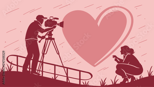 Filming a love story cameraman and actress silhouettes heart shape background.