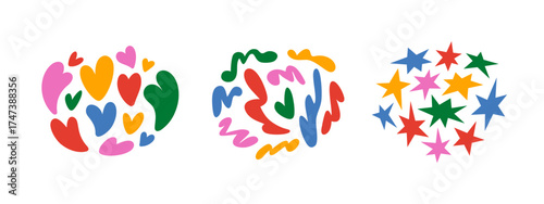 Abstract Organic Blob Shapes. Vector Groovy Doodle Icons with Funky Stars and Hearts. Cute Playful Color Blobs Pattern Isolated on a Background