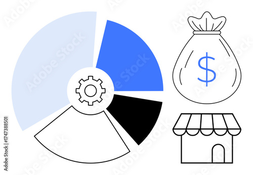 Pie chart with gear symbol, money bag, and storefront combining themes of business strategy, financial planning, and resource allocation. Ideal for business development, finance, investment