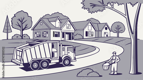 Garbage truck collecting trash in residential area illustration sanitation worker waste disposal recycling environmental services community cleanup.