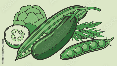 Fresh Green Vegetables Healthy Eating Illustration Vegan Food Design Produce Art.