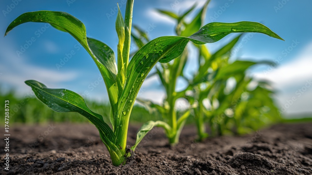 Fototapeta premium Emerging Corn Seedlings in Rich Soil under a Blue Sky, Symbolizing Agricultural Growth and Potential