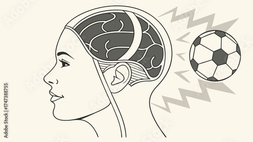 Head profile with soccer ball and brain illustration vector art medical concept sports theme.