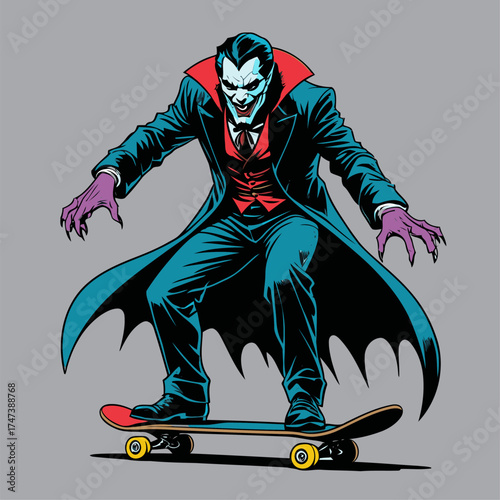 vector illustration of Dracula playing skateboard