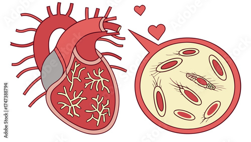 Heart Anatomy Illustration Cardiovascular System Red Blood Cells Medical Graphic Organ Diagram Love Concept Valentines Day Healthcare Biology Medicine Science Education Healthy Heart.
