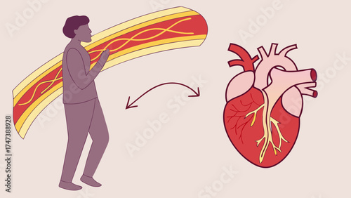 Illustration of a person carrying a large blood vessel leading to a human heart.
