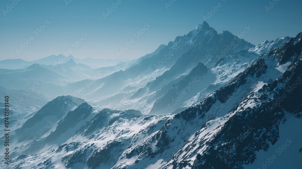 Fototapeta premium Majestic Snowy Mountain Range Under a Clear Blue Sky, Atmospheric Landscape.