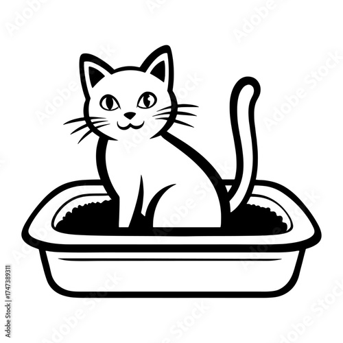 Cute cat sitting in litter box black and white vector