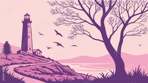 Lighthouse on a cliff overlooking the sea with birds flying scenic coastal landscape illustration in purple tones.