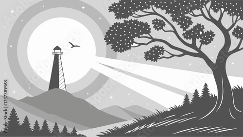 Lighthouse Night Moon Stars Silhouette Monochrome Coastal Landscape Nature Illustration Graphic Design Vector Art Calm Serenity Peaceful Dark Tree Bird Mountain Hill Minimalist.