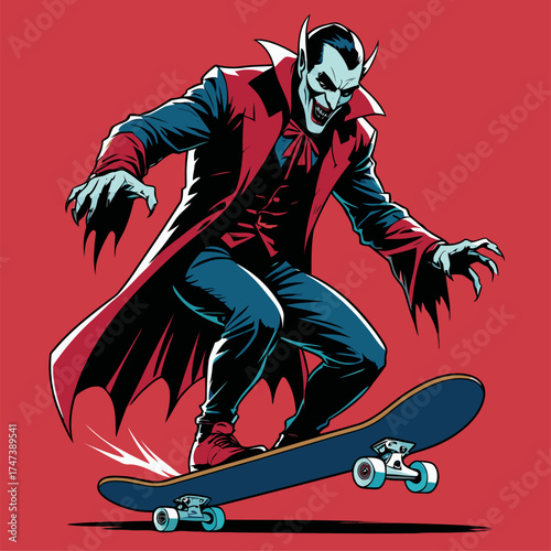 vector illustration of Dracula playing skateboard