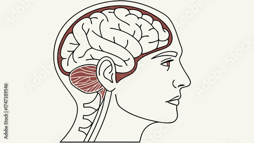 Medical Illustration Human Brain Anatomy Side View Cerebrum Cerebellum Spinal Cord.