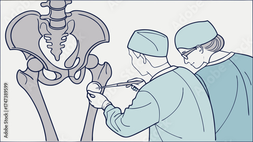 Medical Illustration Surgeons Examining Hip Joint Orthopedic Surgery Bone Diagram Healthcare Line Art.